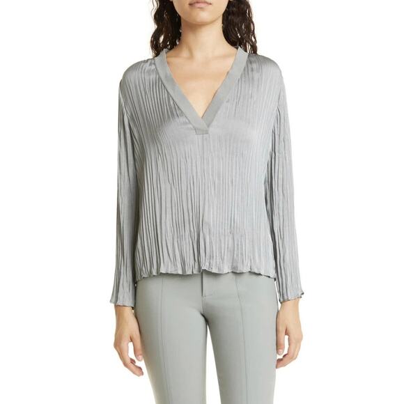 Vince Crushed Pleated V-Neck Blouse Long Sleeves in Light Slate Gray Size M NWT